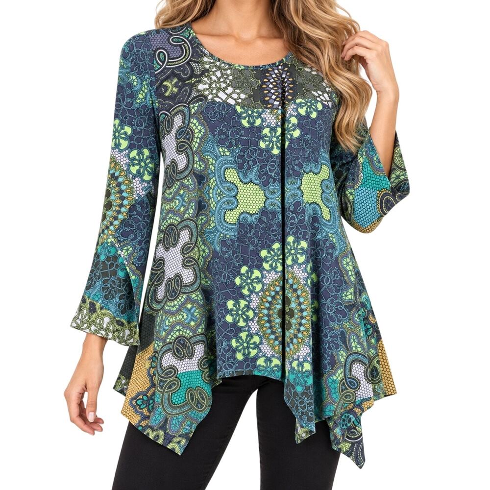 Citron Santa Monica Sz Small SILK Blue Green Wearable Art Blouse Shirt Top Artsy